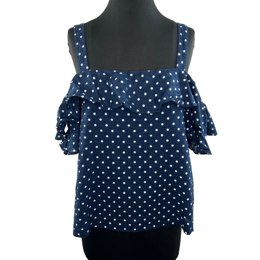 J. Crew Navy Polka-Dot Cotton Square Neck Flounce Cold Shoulder Blouse Size 14
